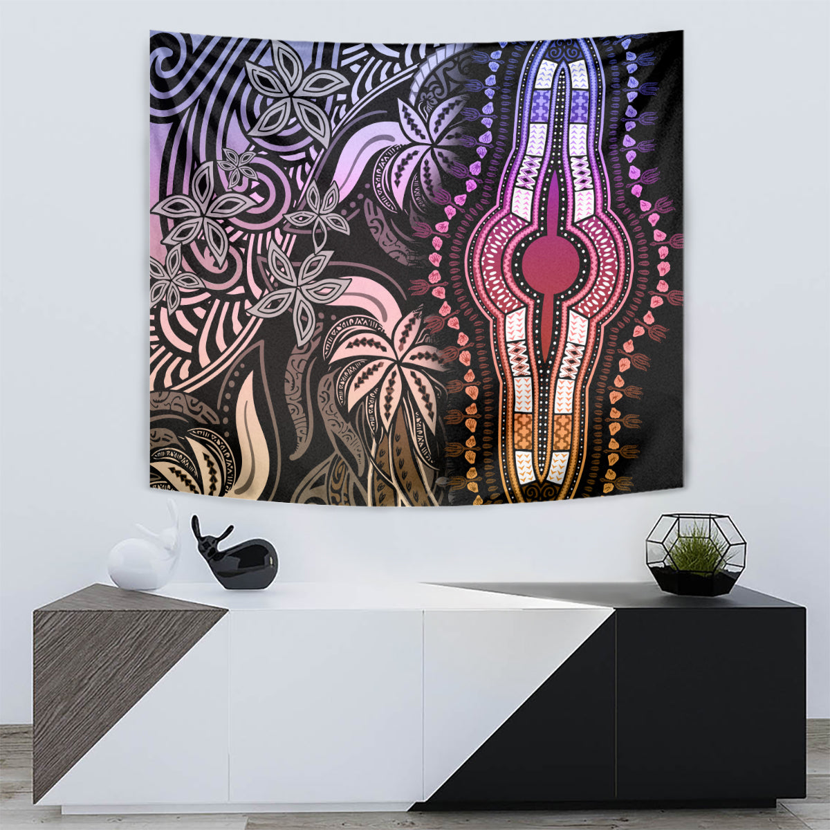 Pastel wall tapestry with floral swirls and a neon-style hand motif in purple-pink tones