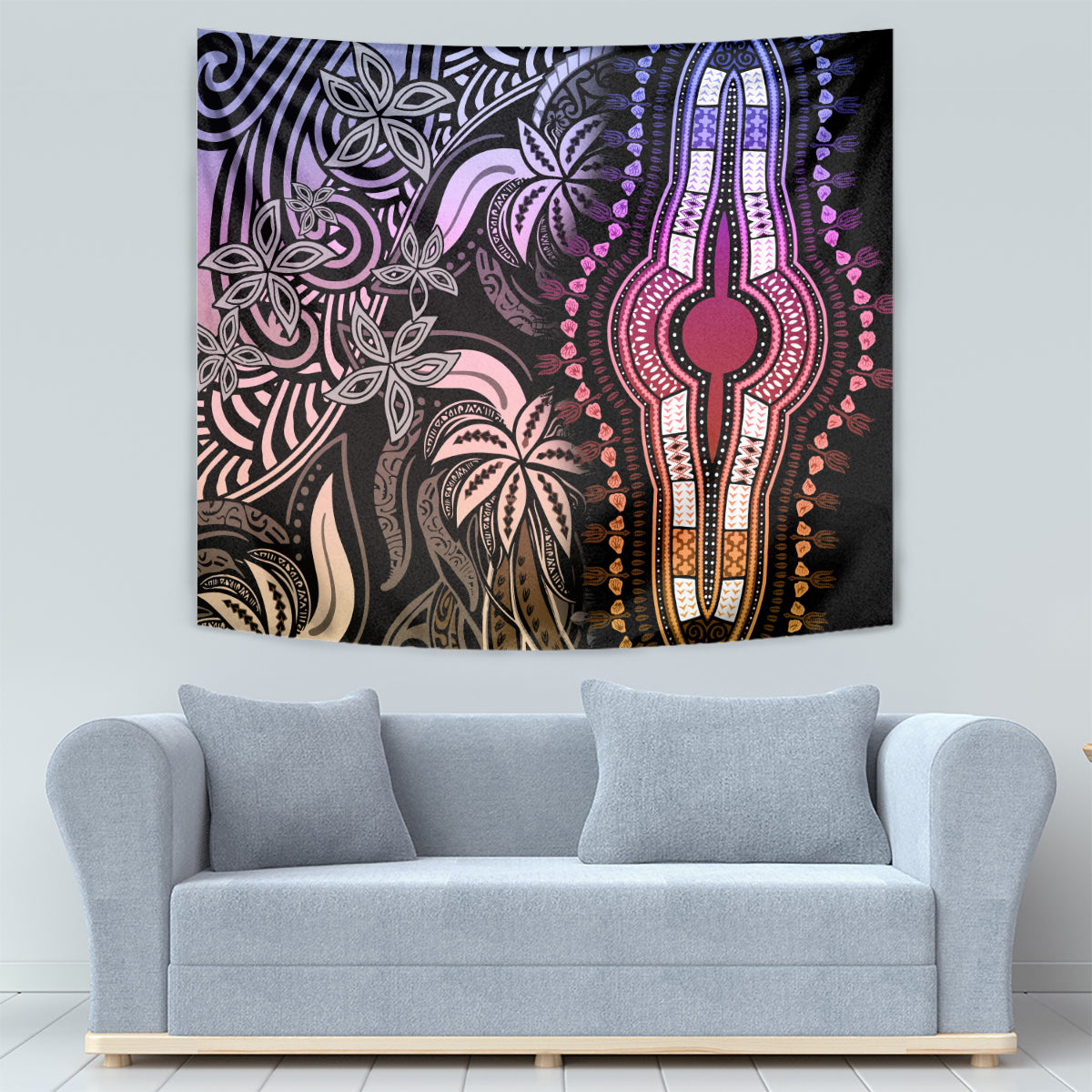 Pastel Polynesia wall tapestry with hand-shaped ornament and layered floral vines