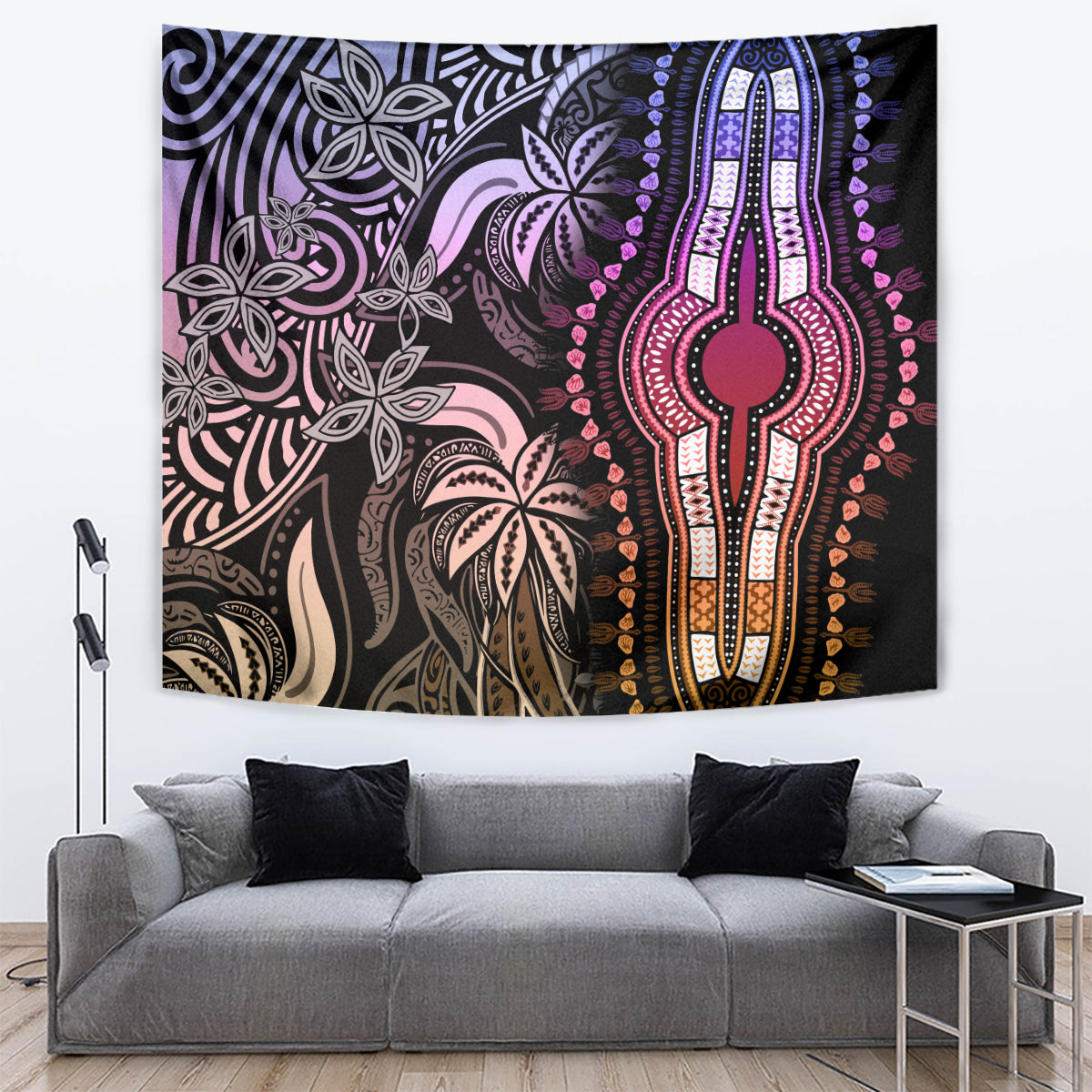 Pastel wall tapestry with hand-shaped centerpiece, framed by floral patterns in purple-pink tones
