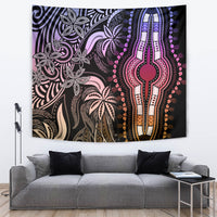 Pastel wall tapestry with hand-shaped centerpiece, framed by floral patterns in purple-pink tones