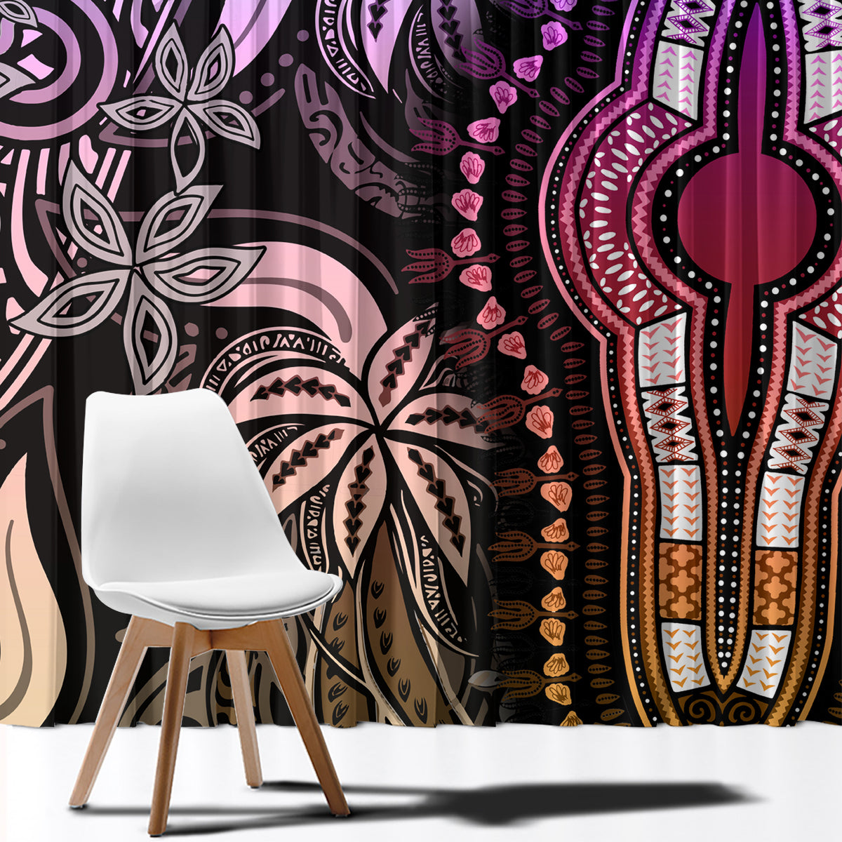 Dashiki window curtain close-up with magenta and purple cross motif on dark patterned fabric