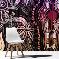 Dashiki window curtain close-up with magenta and purple cross motif on dark patterned fabric