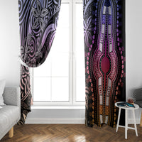 Window curtain panels in pastel tribal print, black, purple, and pink vertical medallion design