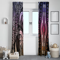 Pair of window curtain panels with ornate tribal medallion print in purple, pink, and black