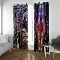 Window curtain panels with tribal leaf and medallion motifs in black and pastel purple/pink