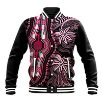 Pink and black dashiki-style varsity baseball jacket with ribbed collar and snap buttons