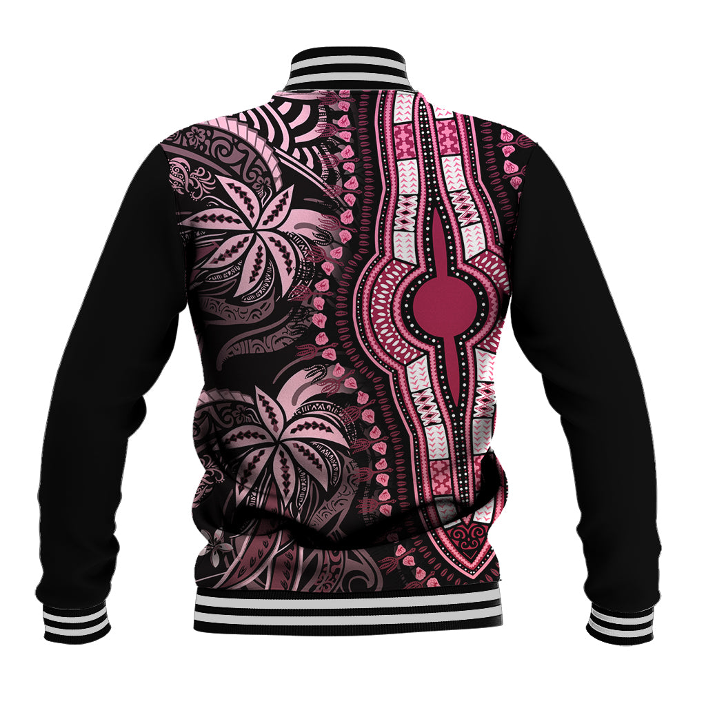 Pink and black dashiki-style varsity baseball jacket, striped ribbed hem and collar