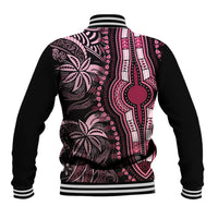 Pink and black dashiki-style varsity baseball jacket, striped ribbed hem and collar