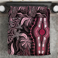 Pink and black patterned bedding set cover with ornate tribal motifs and central emblem