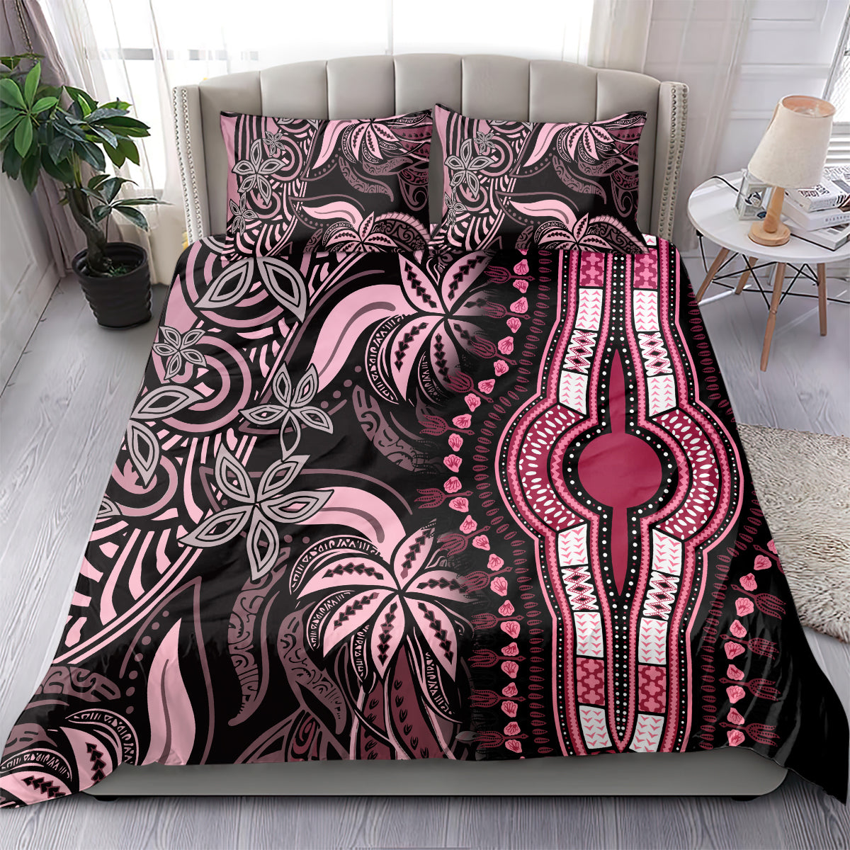 Pink and black tribal bedding set with duvet cover and matching pillowcases, central emblem