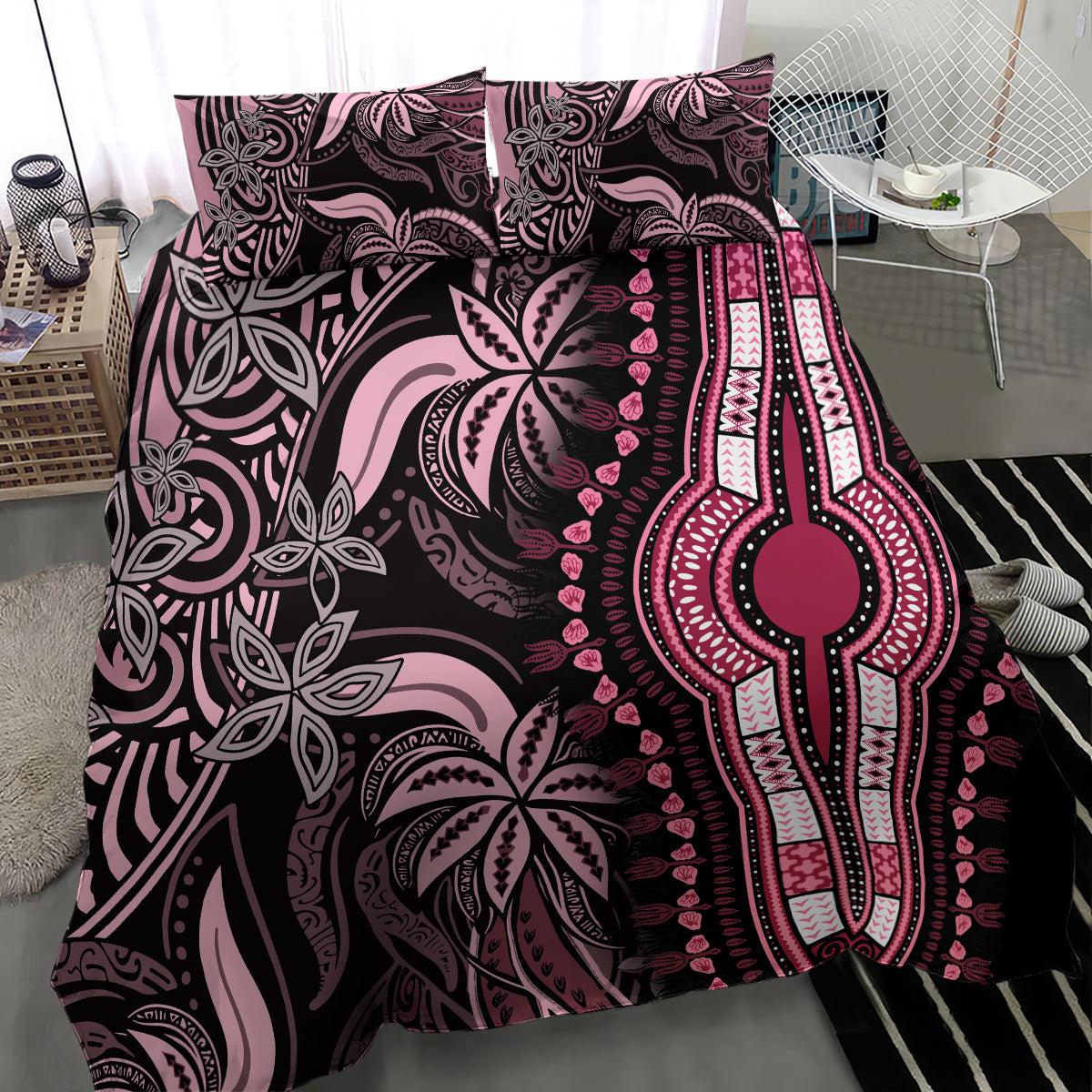 Pink and black tribal bedding set duvet with bold vertical emblem and floral motifs