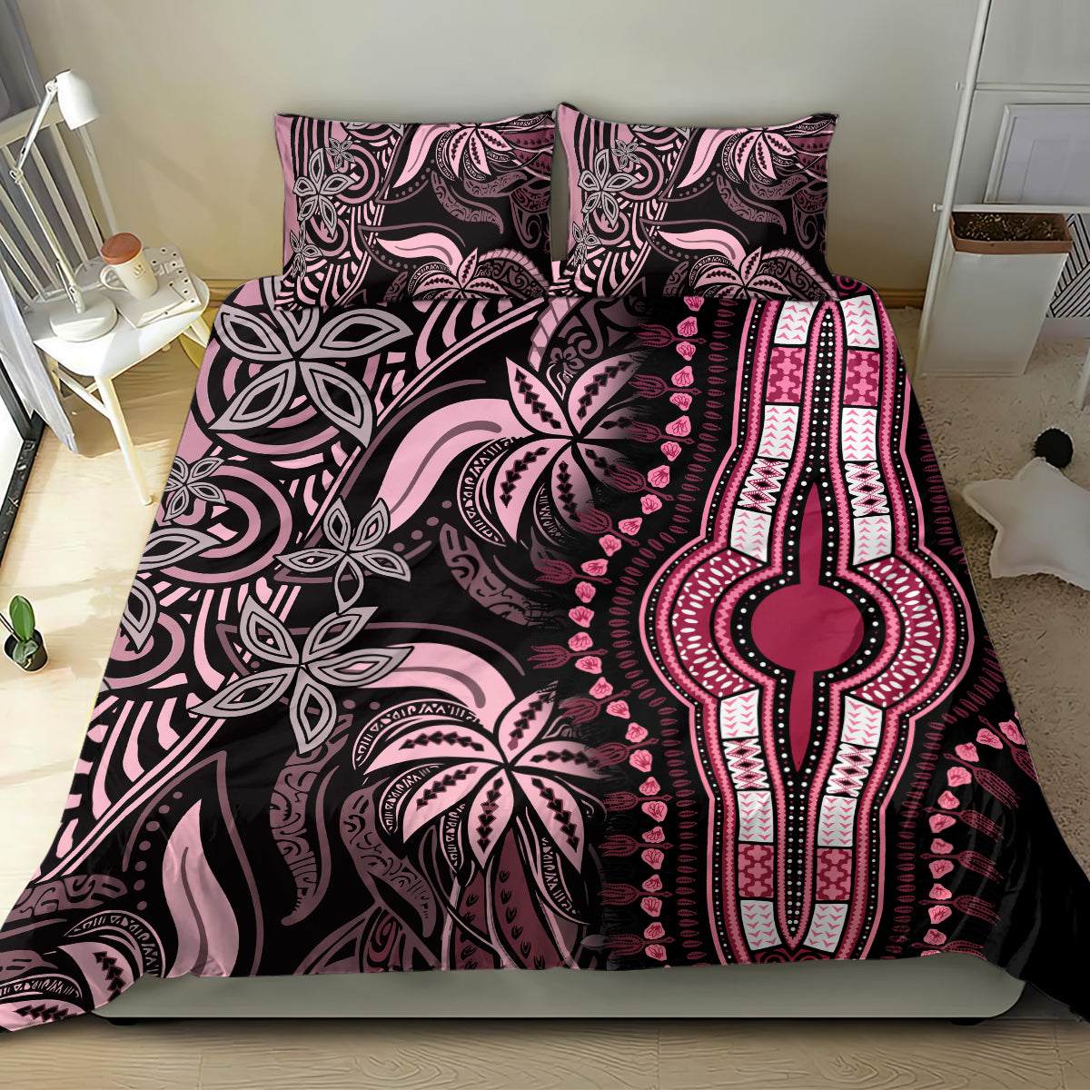 Pink and black patterned bedding set cover with ornate central emblem and leaf designs