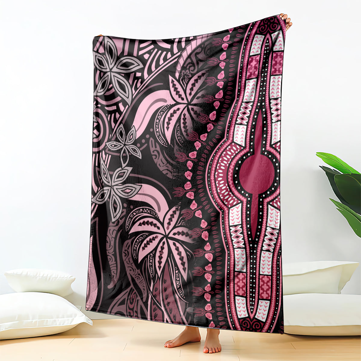 Pink and dark plum dashiki-style blanket with ornate floral and geometric border