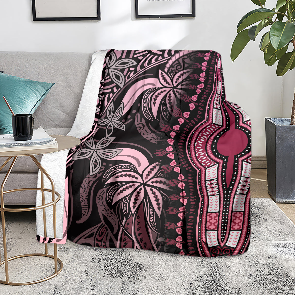 Pink and dark plum dashiki-style blanket with bold vertical medallion and floral details