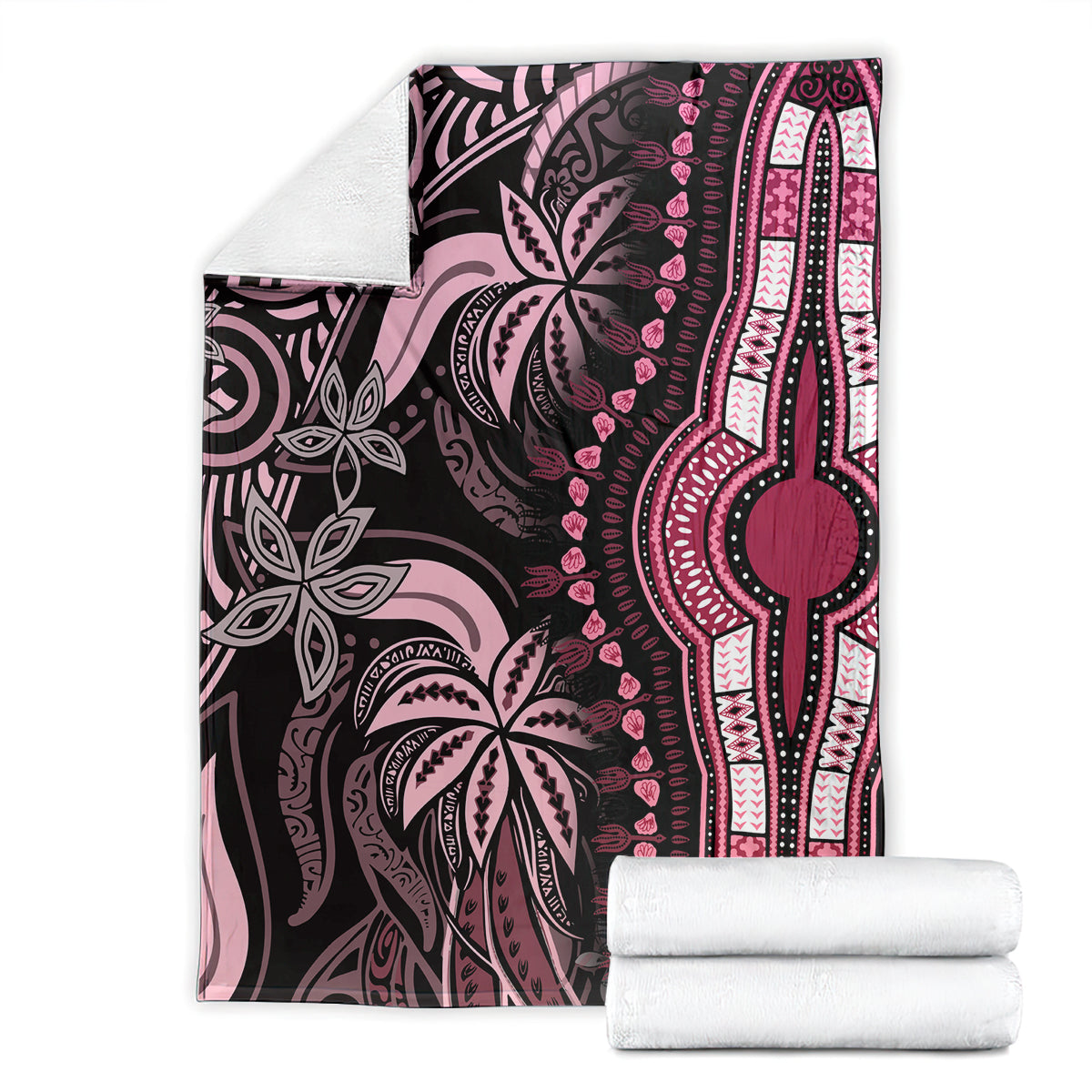Pink and dark plum dashiki-style blanket laid flat with ornate central medallion pattern
