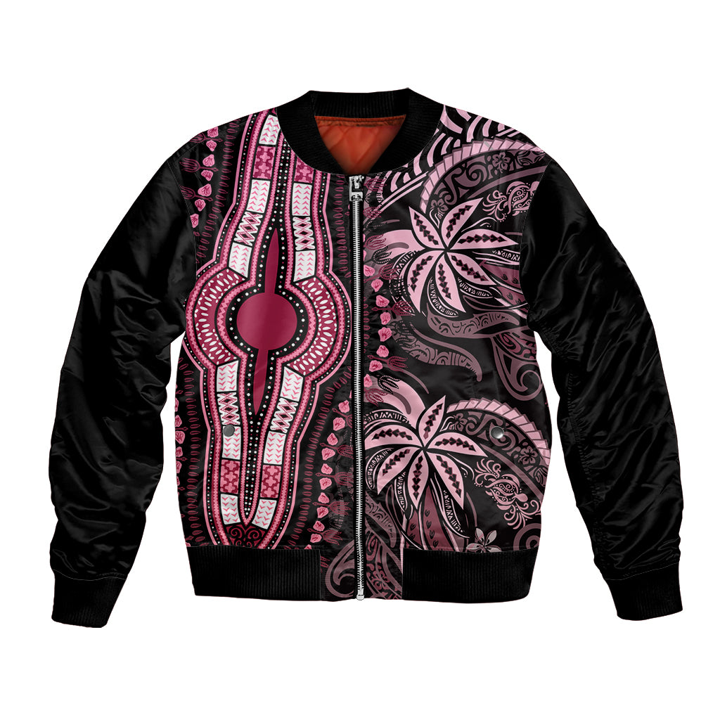 Unisex bomber jacket with black body, pink tribal batik-style print, ribbed collar and cuffs