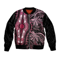Unisex bomber jacket with black body, pink tribal batik-style print, ribbed collar and cuffs