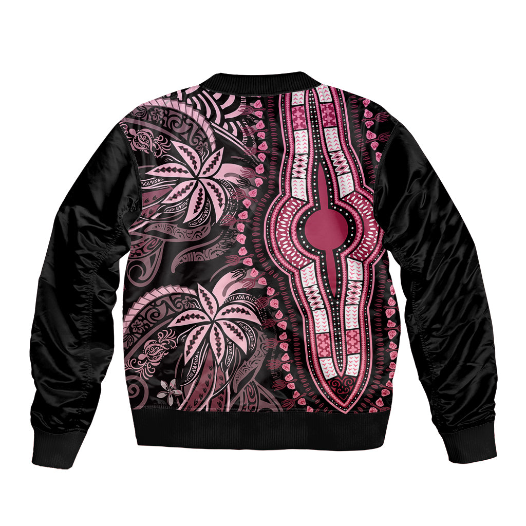 Unisex bomber jacket with pink and black tribal print, ribbed collar and waistband hem