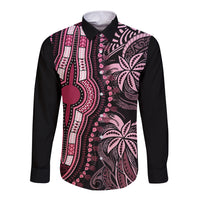 Unisex long-sleeve button shirt with black sleeves and pink tribal print