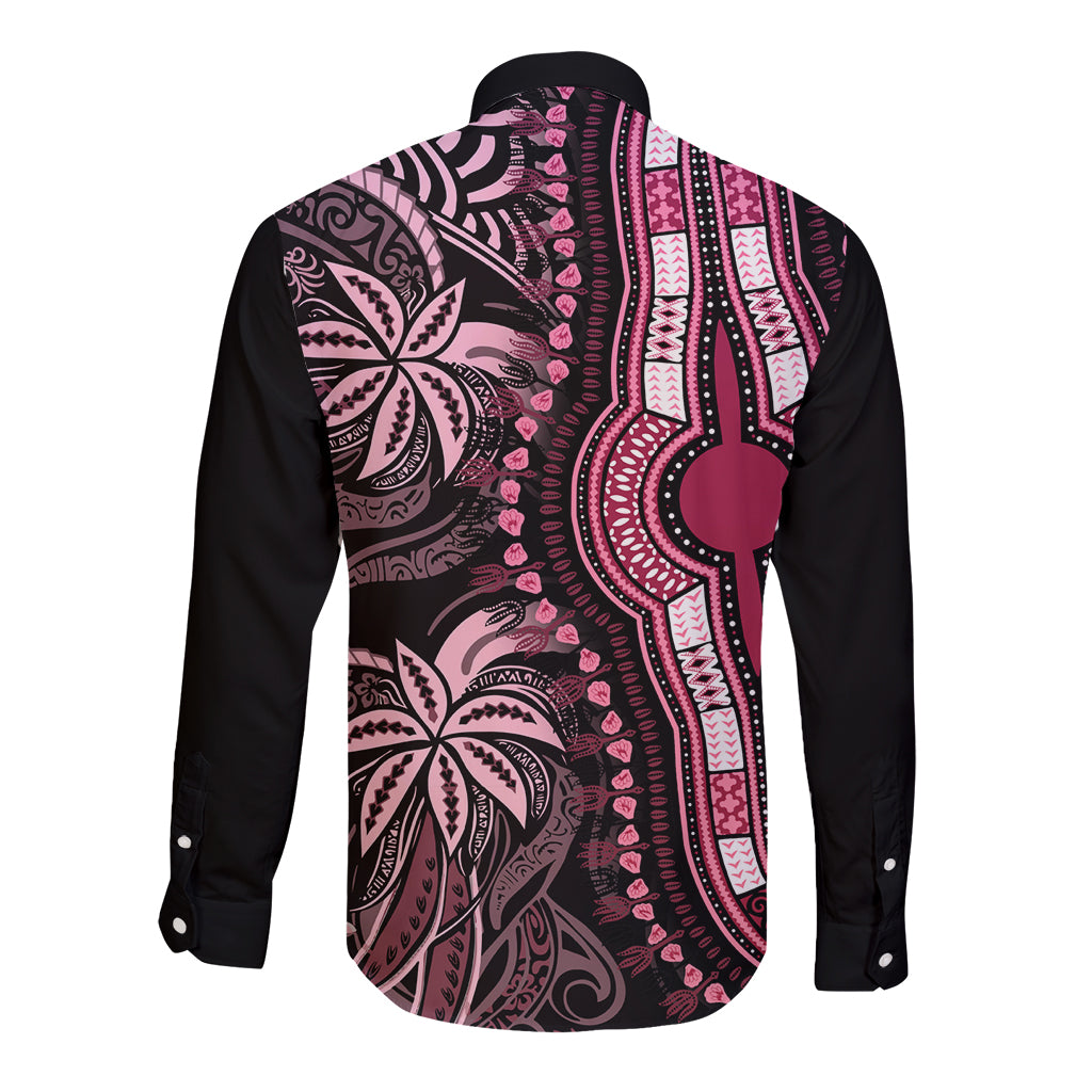 Unisex long-sleeve button shirt, black back with pink and magenta floral tribal print