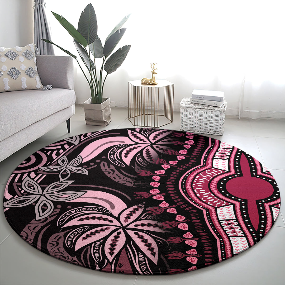 Round dashiki round rug featuring black, pink, and magenta mandala-like design
