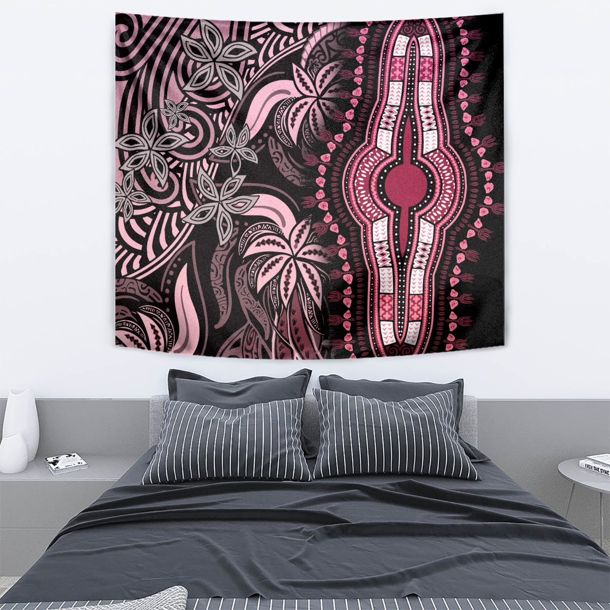 Square pink and black wall tapestry with ornate floral motifs and hamsa hand