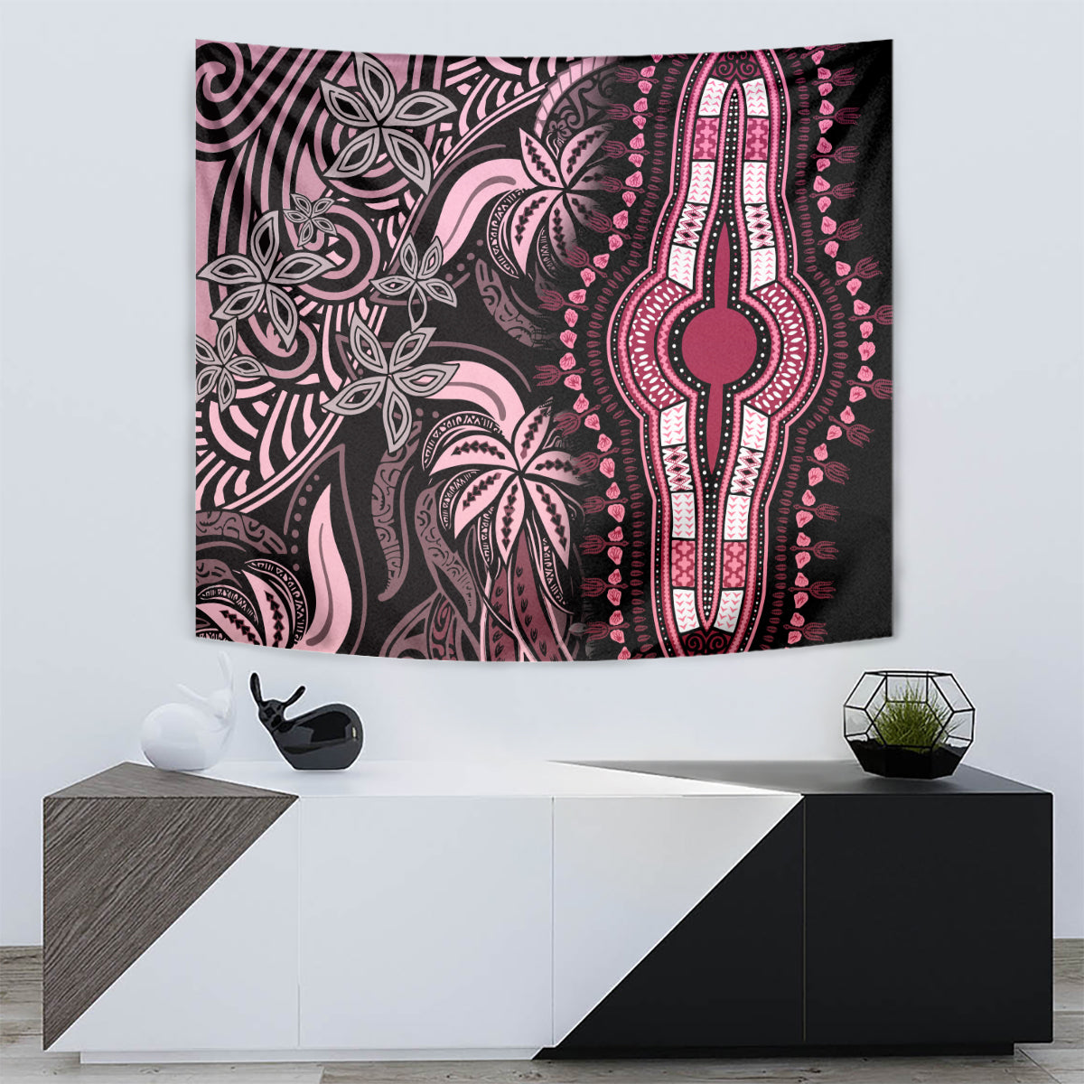 Pink and black patterned tapestry with large hamsa hand design and leaf motifs