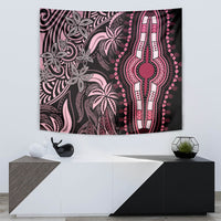 Pink and black patterned tapestry with large hamsa hand design and leaf motifs