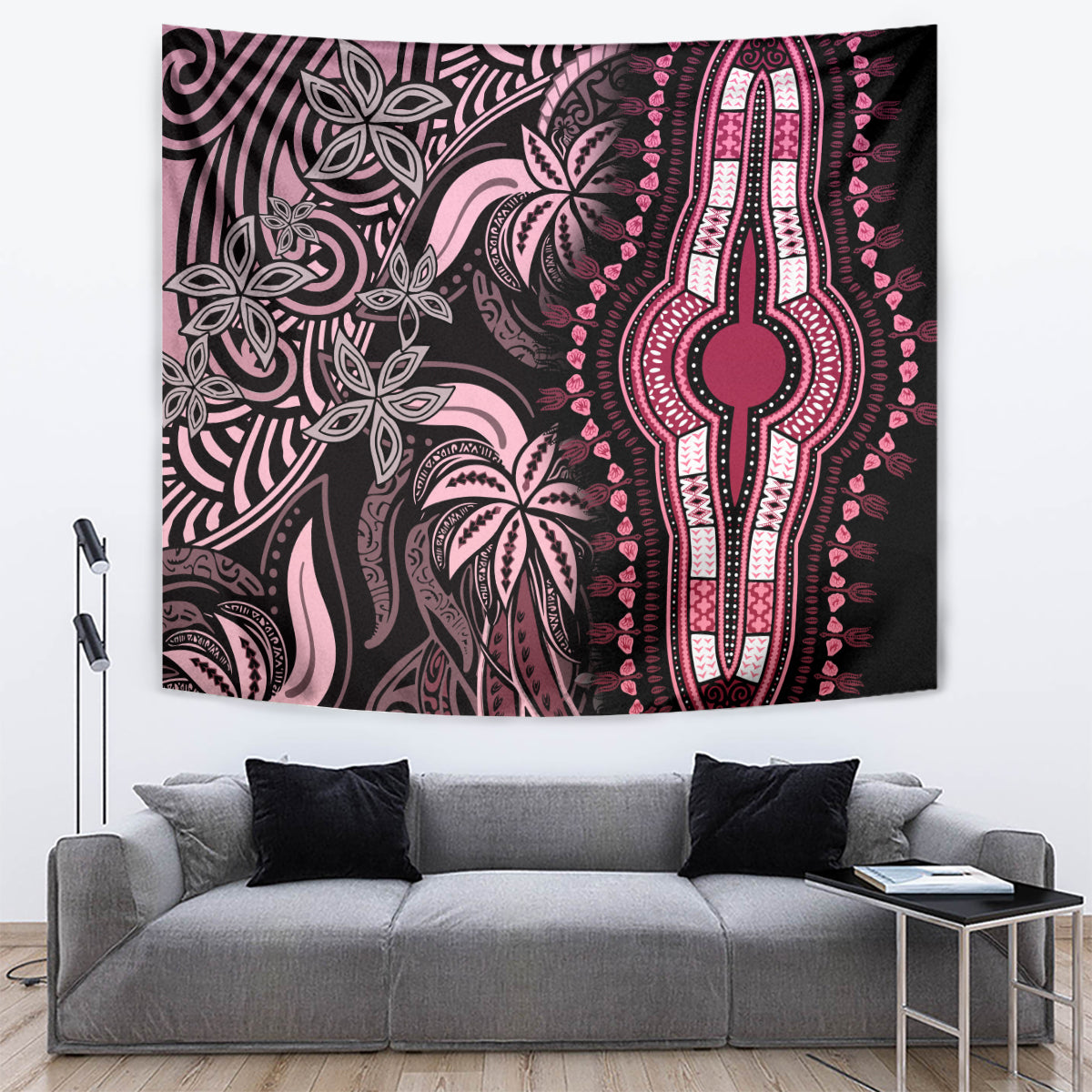 Pink and black tapestry with floral vine design and bright hamsa hand centerpiece
