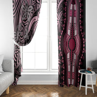 Pink and black dashiki window curtains framing a doorway, vertical medallion designs