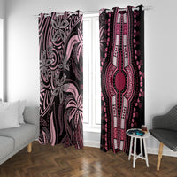 Pink and black dashiki window curtains on either side, vertical ornate motif panels