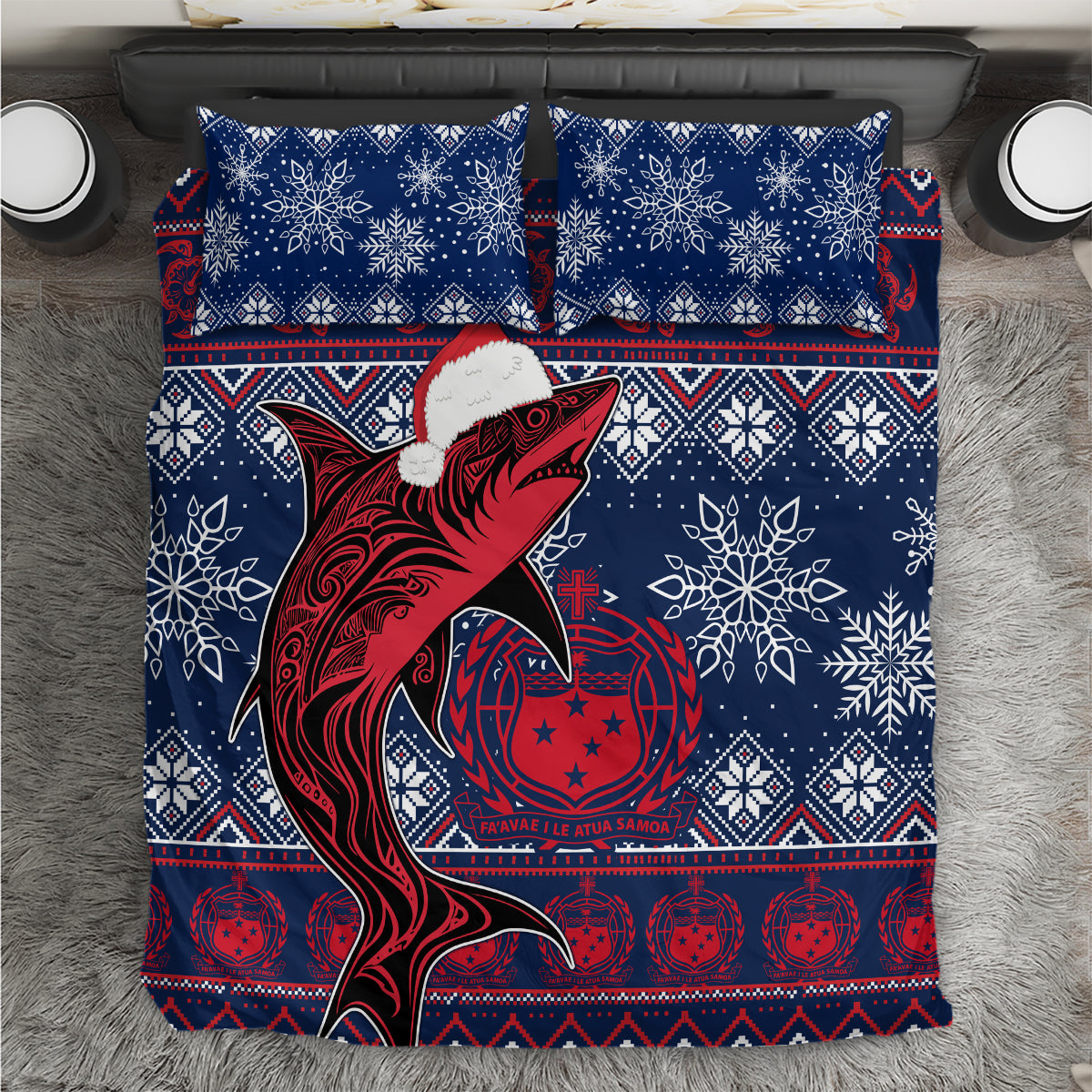 Blue and red fishing tribal Christmas bedding set with Santa-hat figure and snowflake pattern