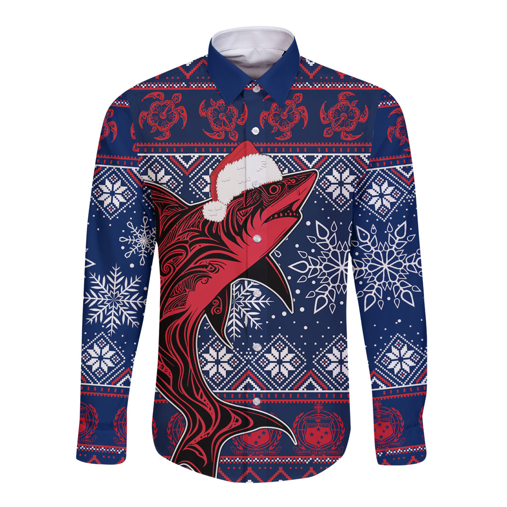 Red and navy long-sleeve button shirt with front shark graphic wearing Santa hat
