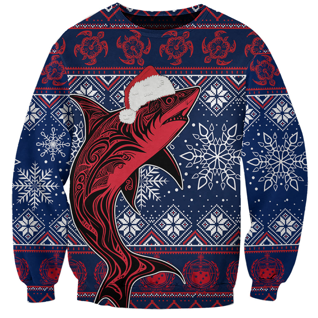 Red and navy sweatshirt with fish graphic, Santa hat, snowflake tribal pattern