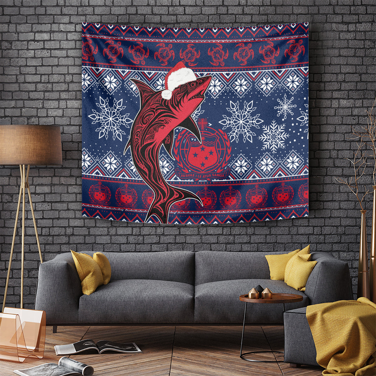 Red and blue tribal fish Christmas tapestry with Santa-style hat, snowflakes, and border