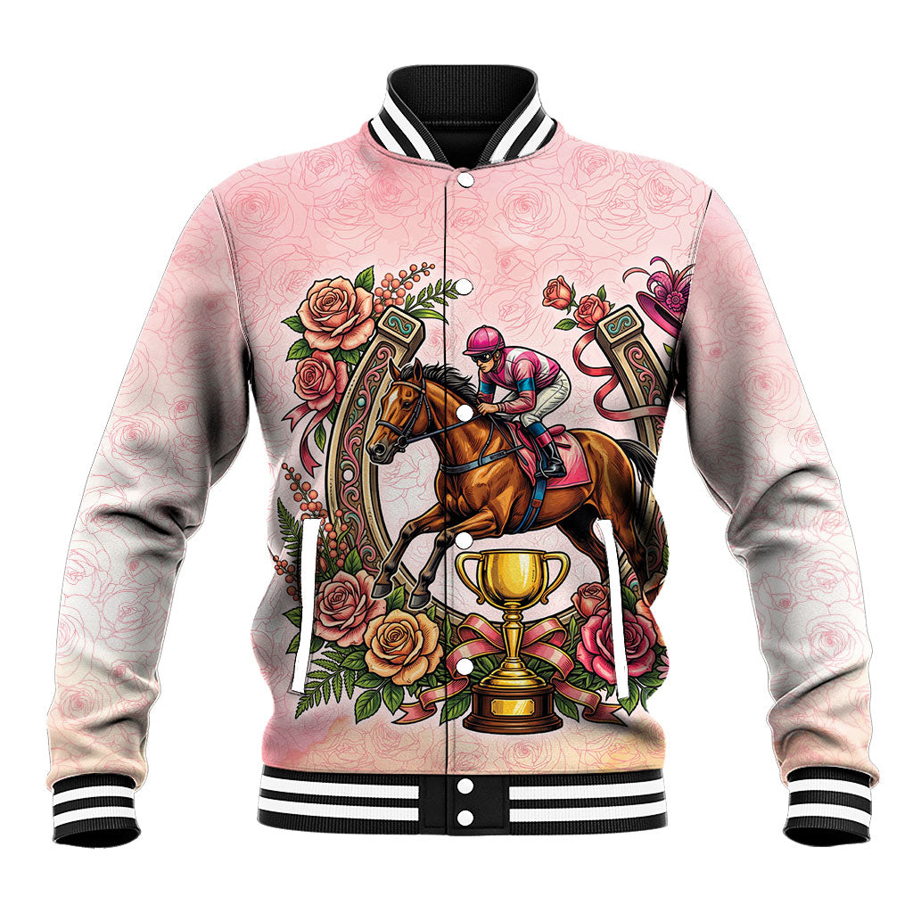 Melbourne Horse Race Baseball Jacket Aussie Floral Horseshoe Pink Rose