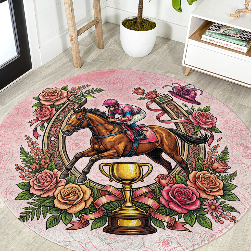 Melbourne Horse Race Round Carpet Aussie Floral Horseshoe Pink Rose