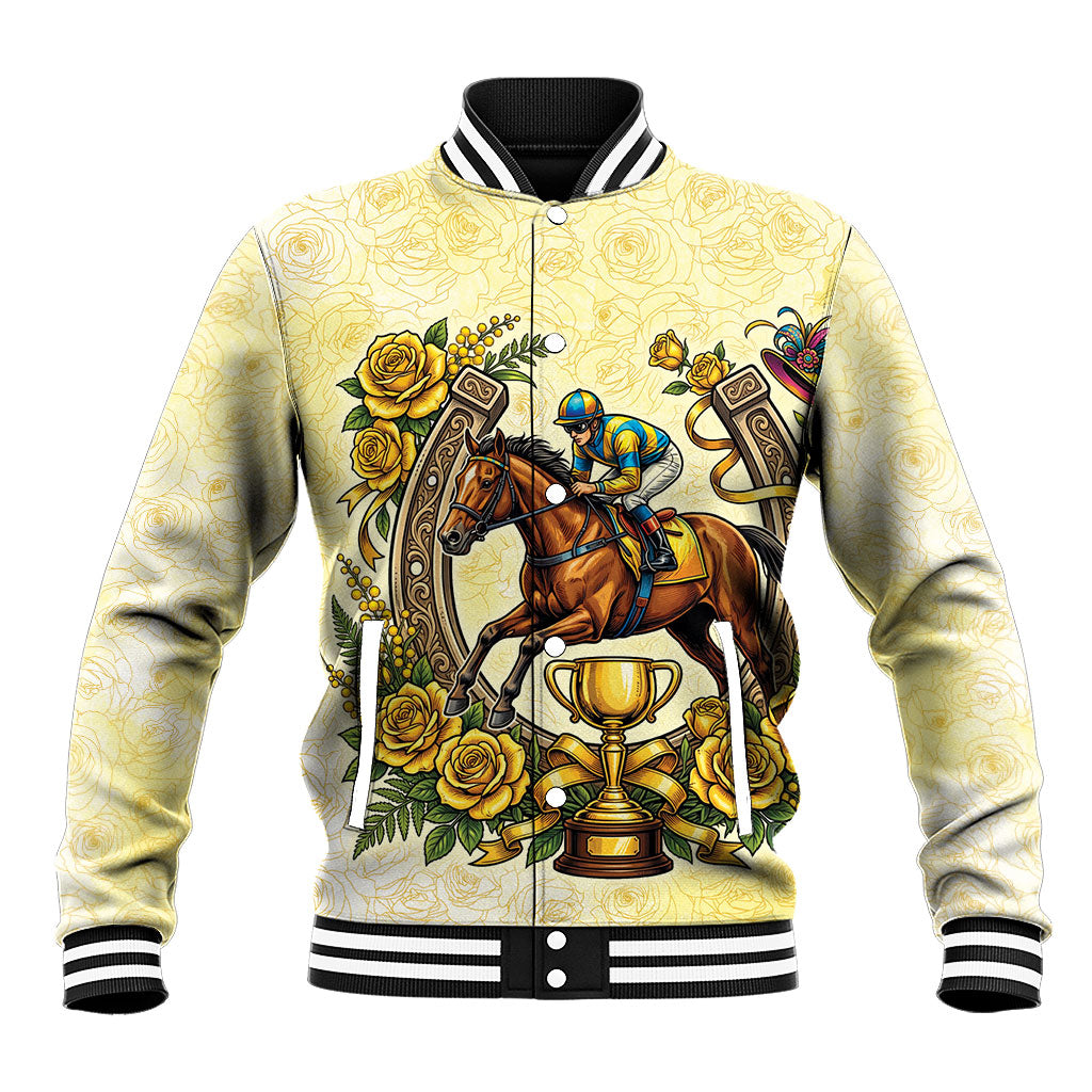 Melbourne Horse Race Baseball Jacket Aussie Floral Horseshoe Yellow Rose