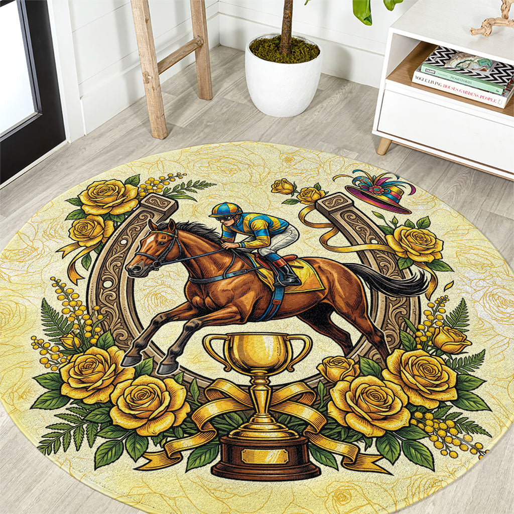 Melbourne Horse Race Round Carpet Aussie Floral Horseshoe Yellow Rose