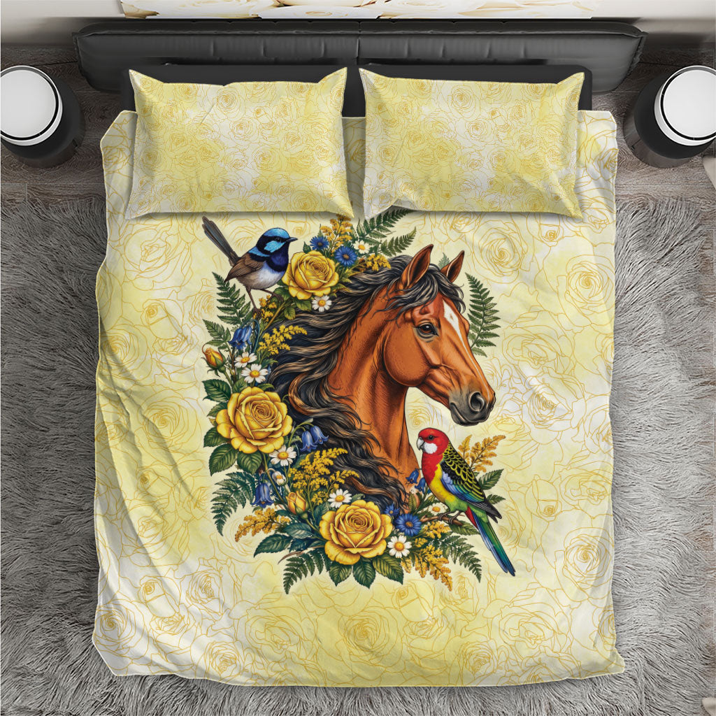 Melbourne Horse Yellow Rose Wreath Bedding Set Aussie Blue Wren and Rosella Parrot