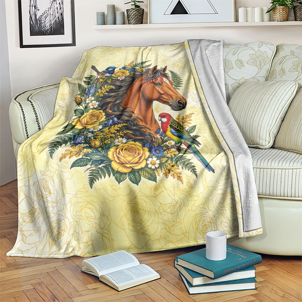 Melbourne Horse Yellow Rose Wreath Blanket Aussie Blue Wren and Rosella Parrot