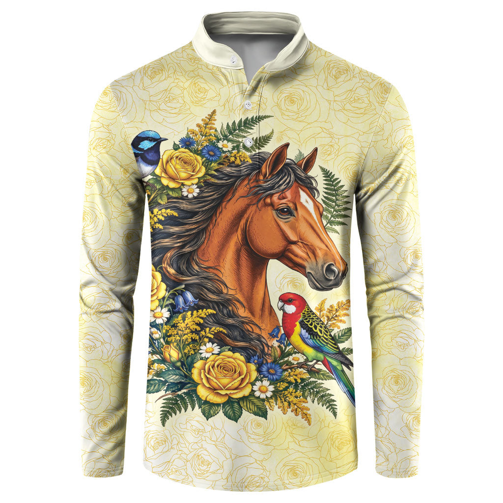 Melbourne Horse Yellow Rose Wreath Button Sweatshirt Aussie Blue Wren and Rosella Parrot