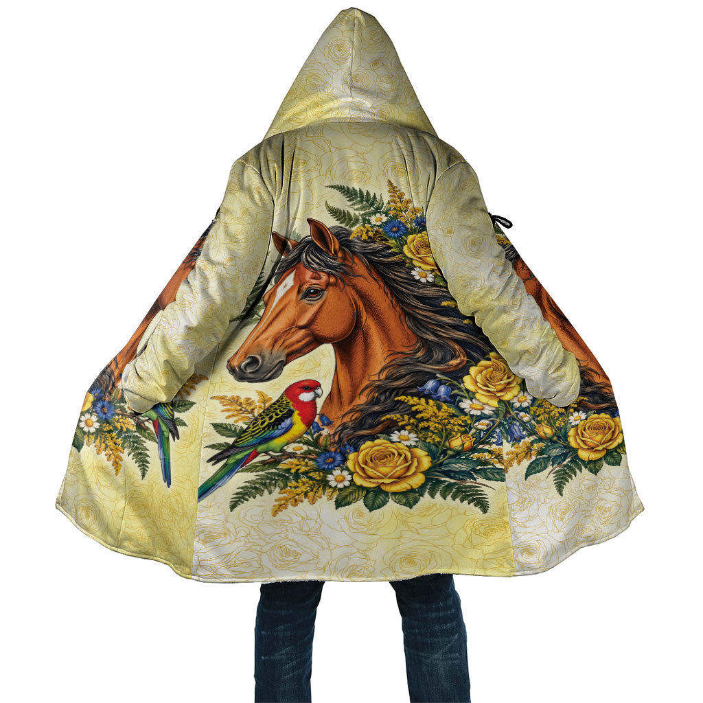 Melbourne Horse Yellow Rose Wreath Cloak Aussie Blue Wren and Rosella Parrot