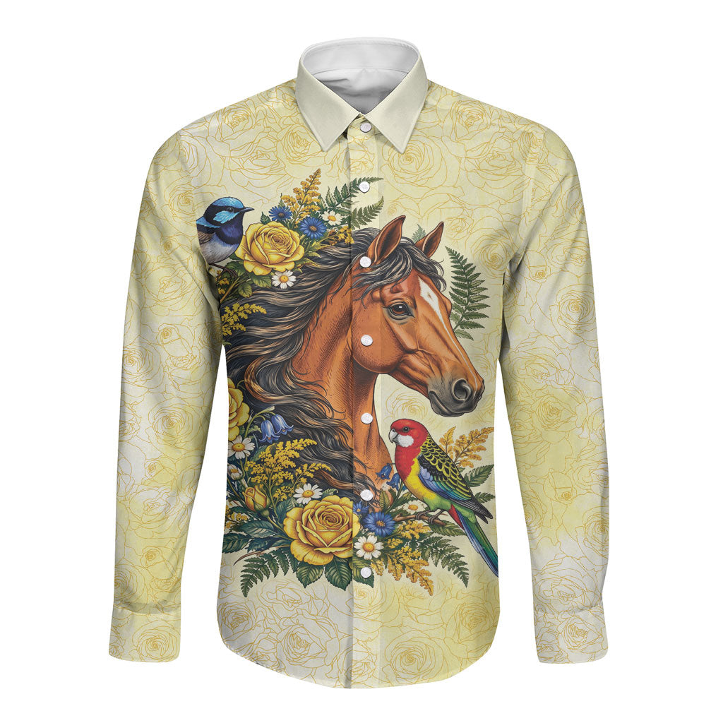 Melbourne Horse Yellow Rose Wreath Long Sleeve Button Shirt Aussie Blue Wren and Rosella Parrot