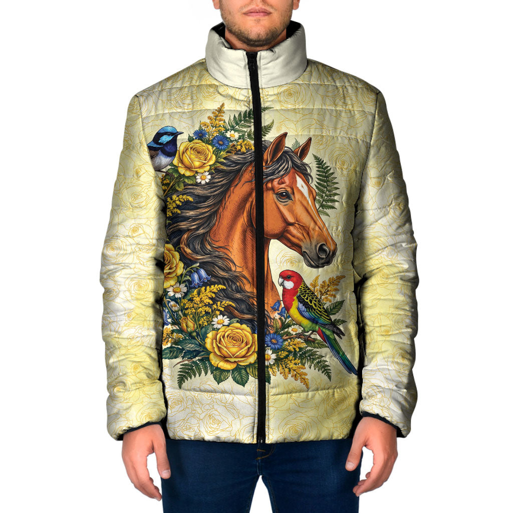 Melbourne Horse Yellow Rose Wreath Padded Jacket Aussie Blue Wren and Rosella Parrot