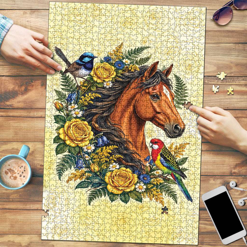 Melbourne Horse Yellow Rose Wreath Puzzle Aussie Blue Wren and Rosella Parrot