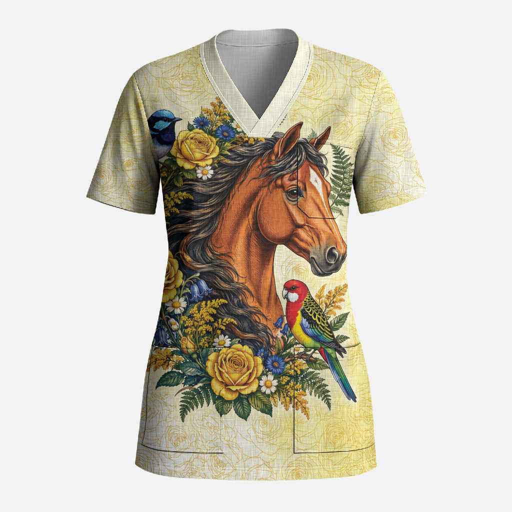 Melbourne Horse Yellow Rose Wreath Scrub Top Aussie Blue Wren and Rosella Parrot