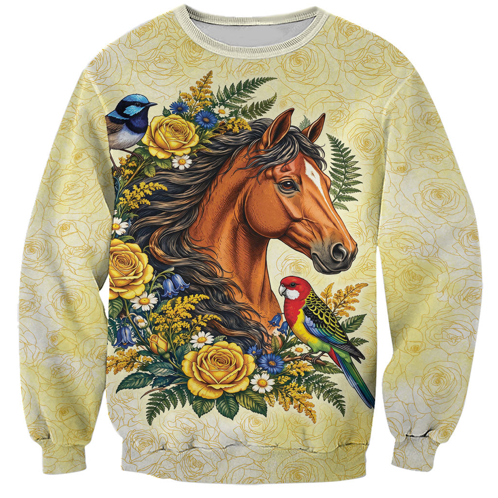 Melbourne Horse Yellow Rose Wreath Sweatshirt Aussie Blue Wren and Rosella Parrot