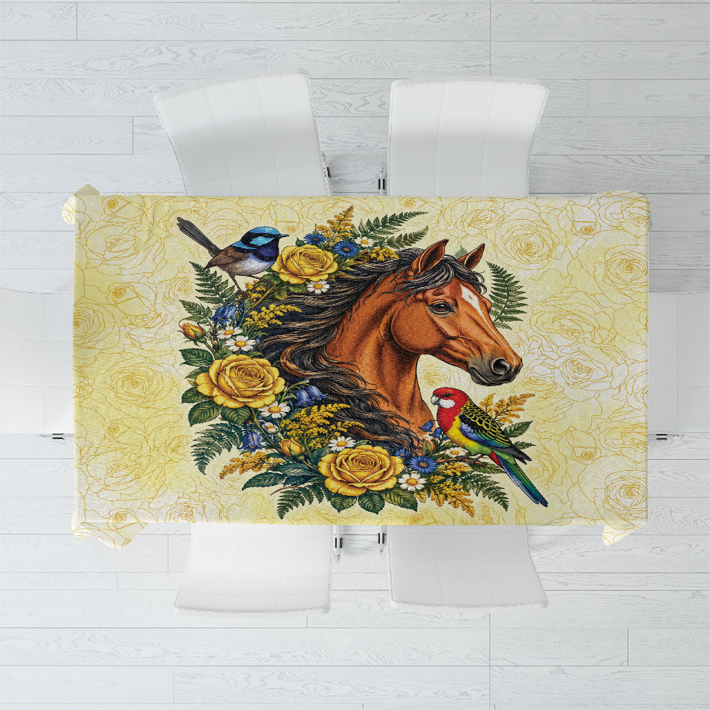 Melbourne Horse Yellow Rose Wreath Tablecloth Aussie Blue Wren and Rosella Parrot