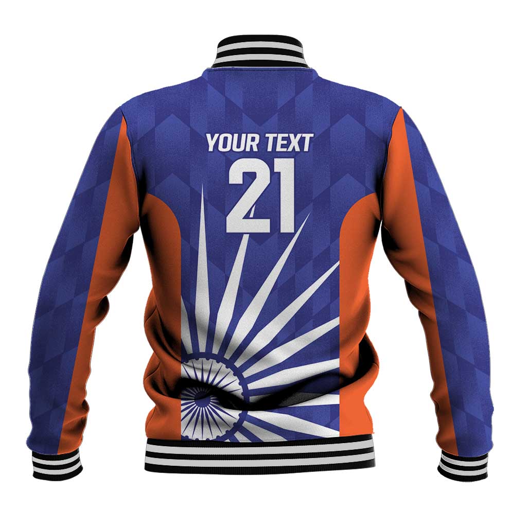 Unisex baseball jacket back with 'YOUR TEXT' 21 graphic, tricolor sleeves, ribbed hem